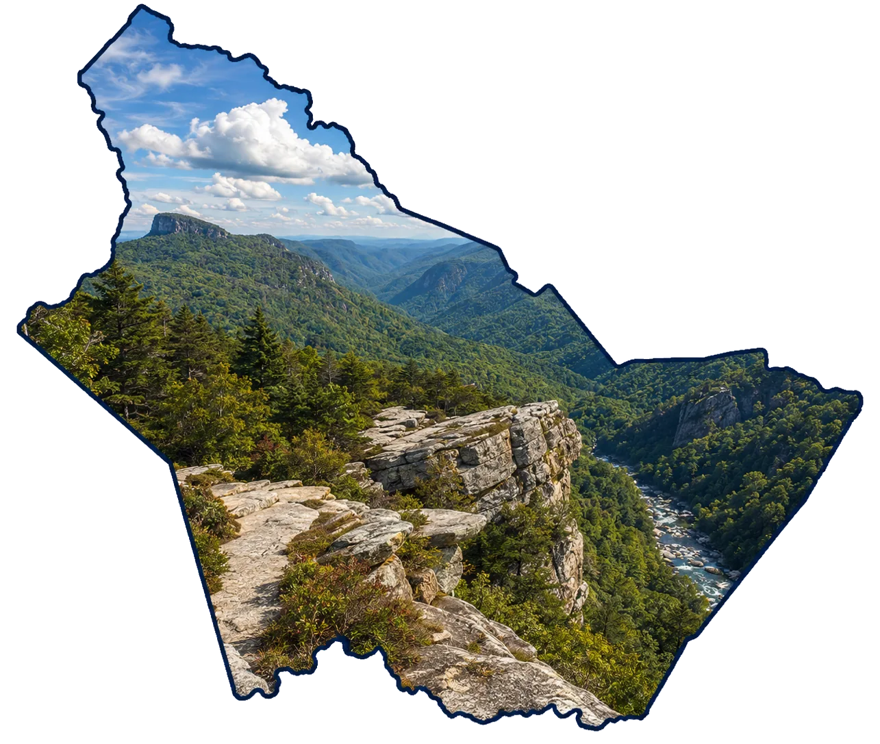 Burke County outline with Table Rock and Linville Gorge-style scenery
