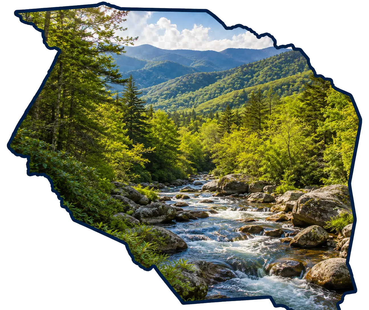 Caldwell County outline with Blue Ridge foothills and Wilson Creek-style scenery